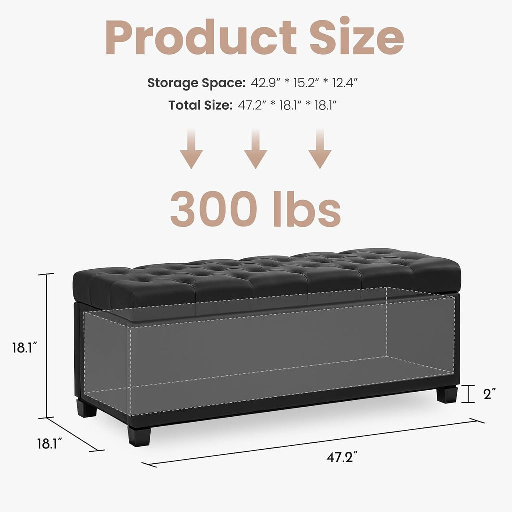 Living&Giving Leather Storage Ottoman Bench for Bedroom, 47.2", Black | 47.2'' faux leather storage ottoman with safety hinge, tufted seat and spacious hidden storage for everyday organization.