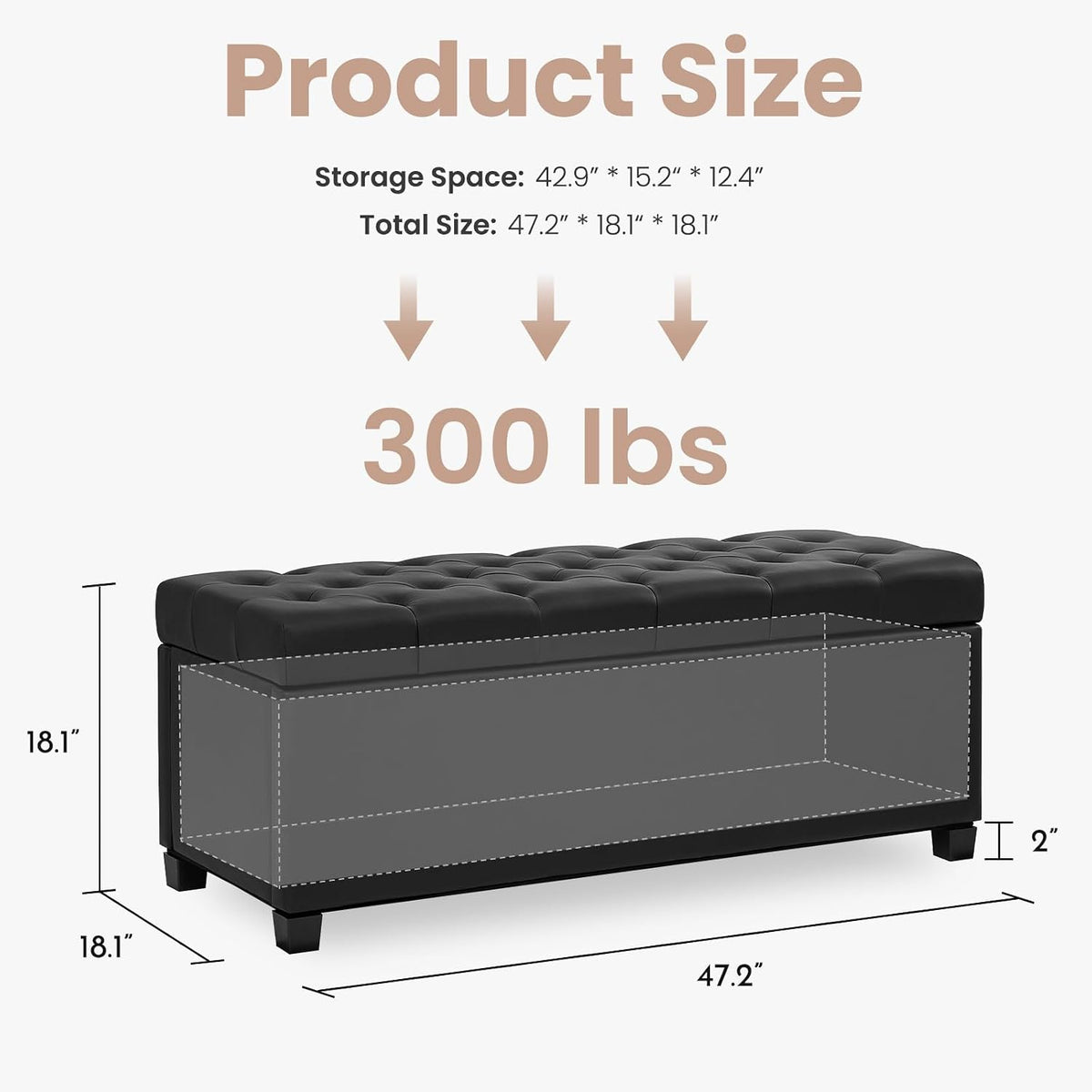 Living&Giving Leather Storage Ottoman Bench for Bedroom, 47.2", Black | 47.2'' faux leather storage ottoman with safety hinge, tufted seat and spacious hidden storage for everyday organization.