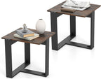 Giantex Industrial End Table Set of 2, Square Bedside Night Stand w/T-Shape Metal Frame, Accent Nightstand for Bedroom, Wood Sofa Side Tables for Living Room Office Small Space, Rustic Brown