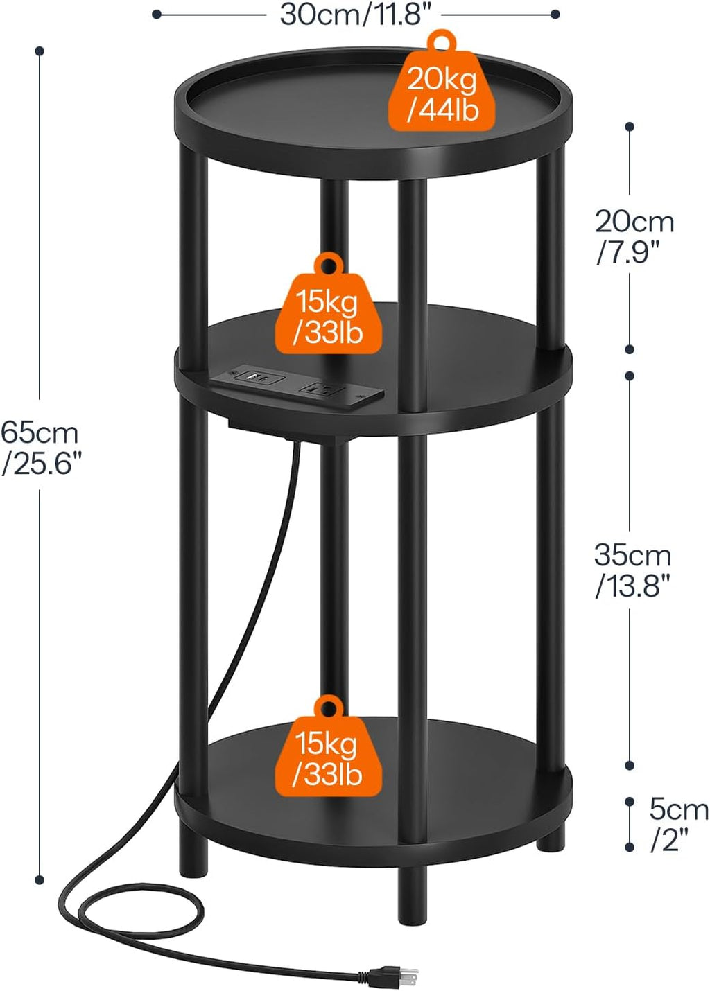 HOOBRO Small Round Side Table with Charging Station, 3-Tier Round Bamboo End Table, Compact Sofa Bedside Table for Small Space, Easy Assembly, for Living Room, Bedroom, Apartment, Black BB152UBZ01