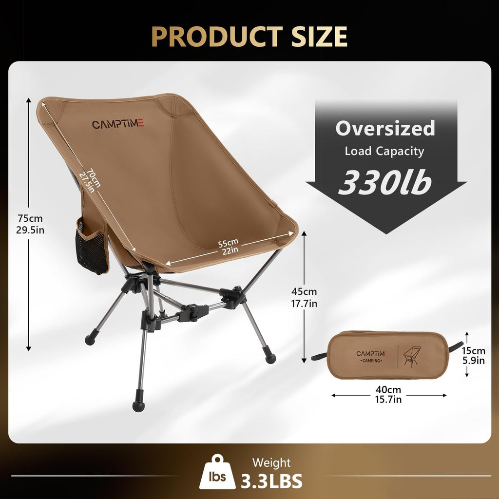 Camptime Portable Camping Chair, Lightweight Compact Backpacking Chair with Side Pocket, Wide Seat Folding Chair for Camping, Hiking, Beach - Supports 330Lbs, Khaki