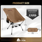 Camptime Portable Camping Chair, Lightweight Compact Backpacking Chair with Side Pocket, Wide Seat Folding Chair for Camping, Hiking, Beach - Supports 330Lbs, Khaki