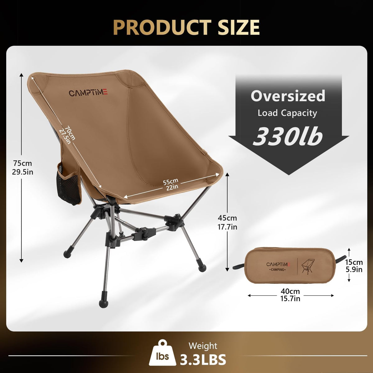 Camptime Portable Camping Chair, Lightweight Compact Backpacking Chair with Side Pocket, Wide Seat Folding Chair for Camping, Hiking, Beach - Supports 330Lbs, Khaki