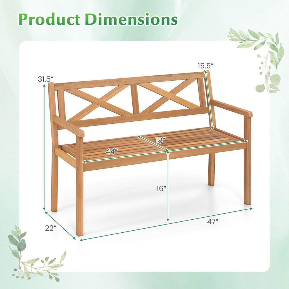 2-Person Acacia Wood Patio Chair Armrests Backrest 44in Seat Width 800lb Capacity for Backyard