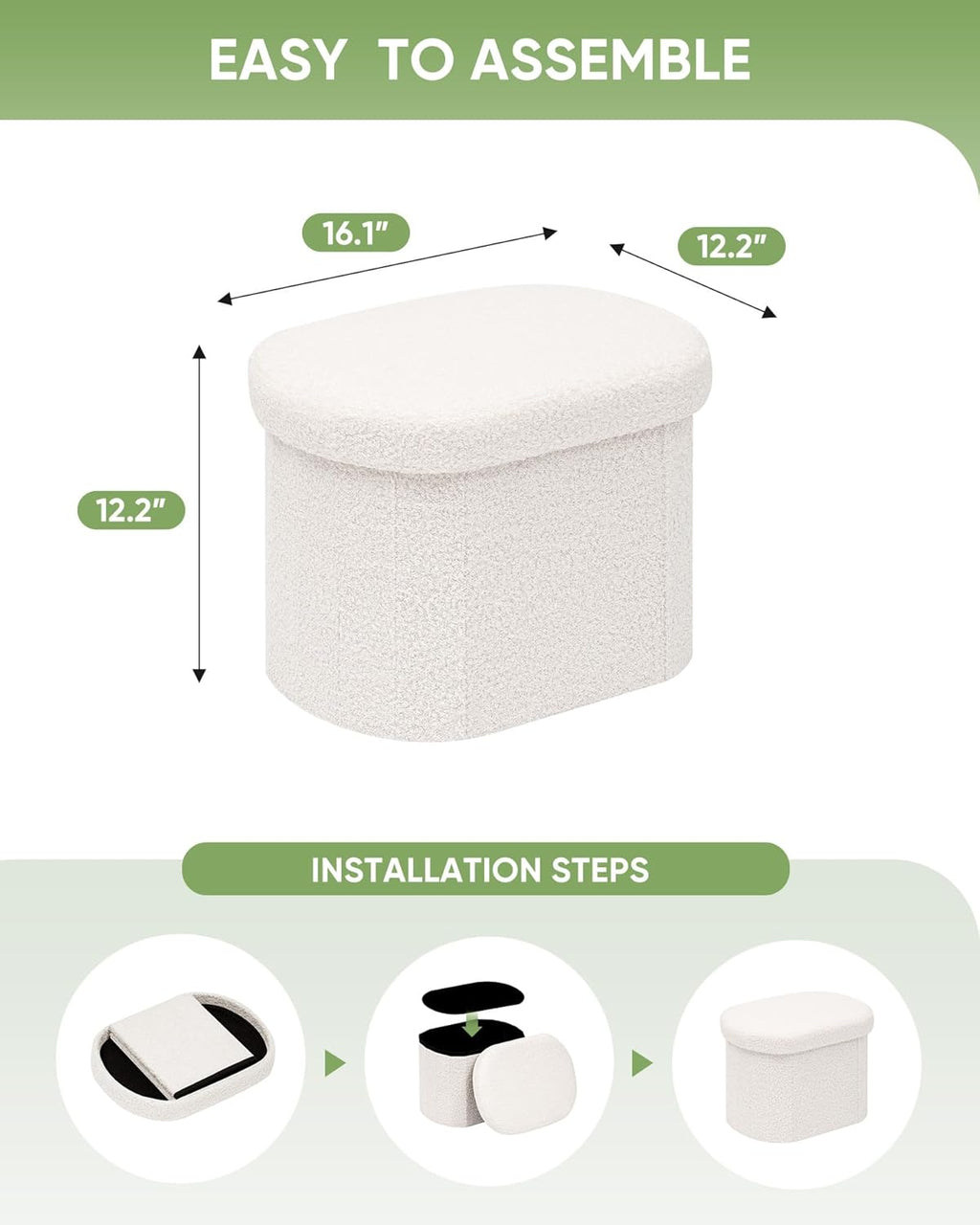 B FSOBEIIALEO Storage Ottoman for Dorm Room, Boucle Folding Storage Ottoman Foot Rest, 16.14 Inches Small Collapsible Ottoman Cube for Living Room White Cream