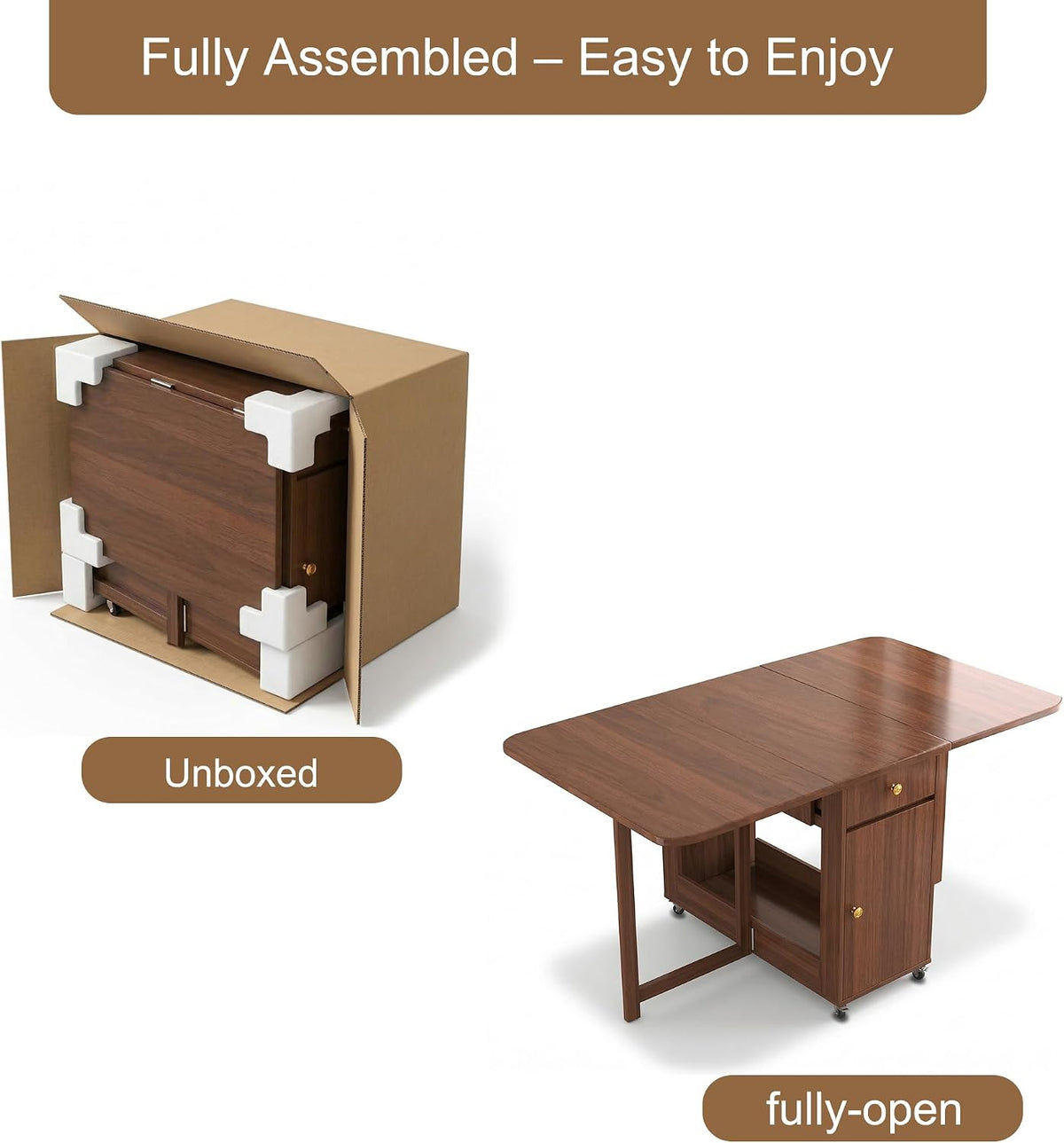 Drop Leaf Table and Chairs - 51" Fully Assembled Folding Dining Table 4-6 Seater with Storage and Lockable Wheels, Space-Saving Set with 4 Chairs for Kitchen or Dining Room (Walnut)