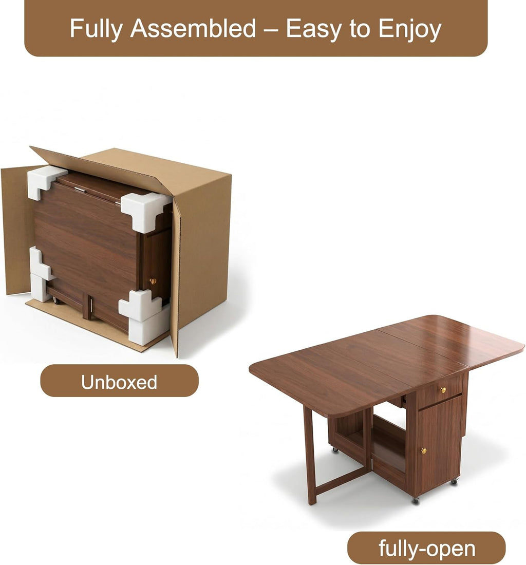 Small Folding Dining Table - 51" Fully Assembled Drop Leaf Table 4-6 Seater with Storage and Lockable Wheels, Space-Saving for Kitchen or Dining Room (Walnut)