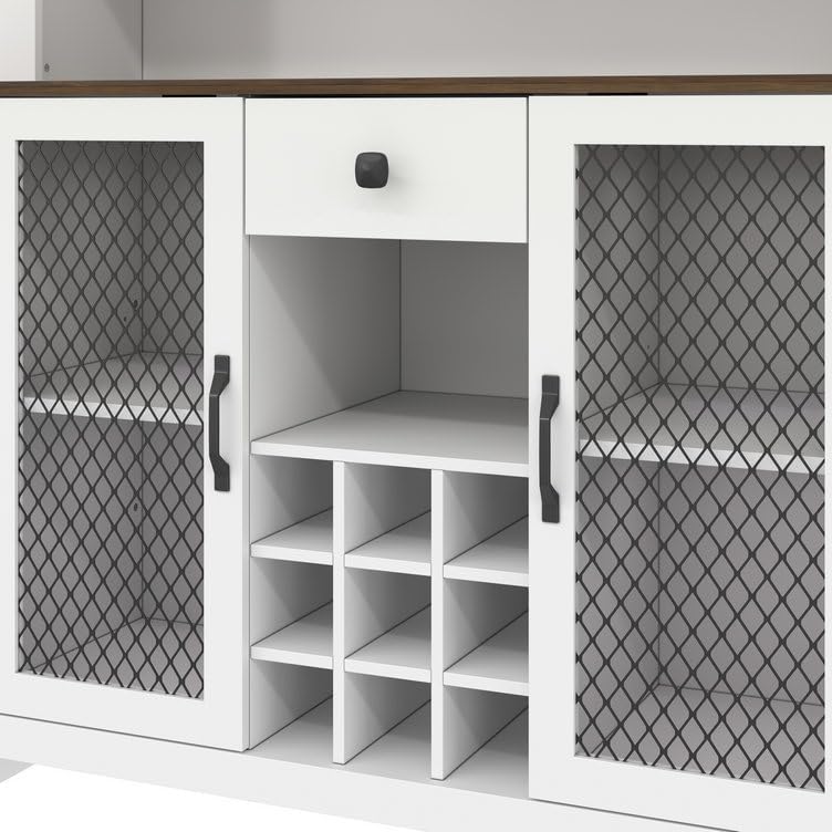 SOFTSEA Kitchen Pantry Cabinet with Built-in Power & USB Outlets, Kitchen Storage Cupboard with Doors, Wine Rack and Shelves, Rustic Buffet Cabinet with LED Light, 47.1x11.8x70.9 Inch, White