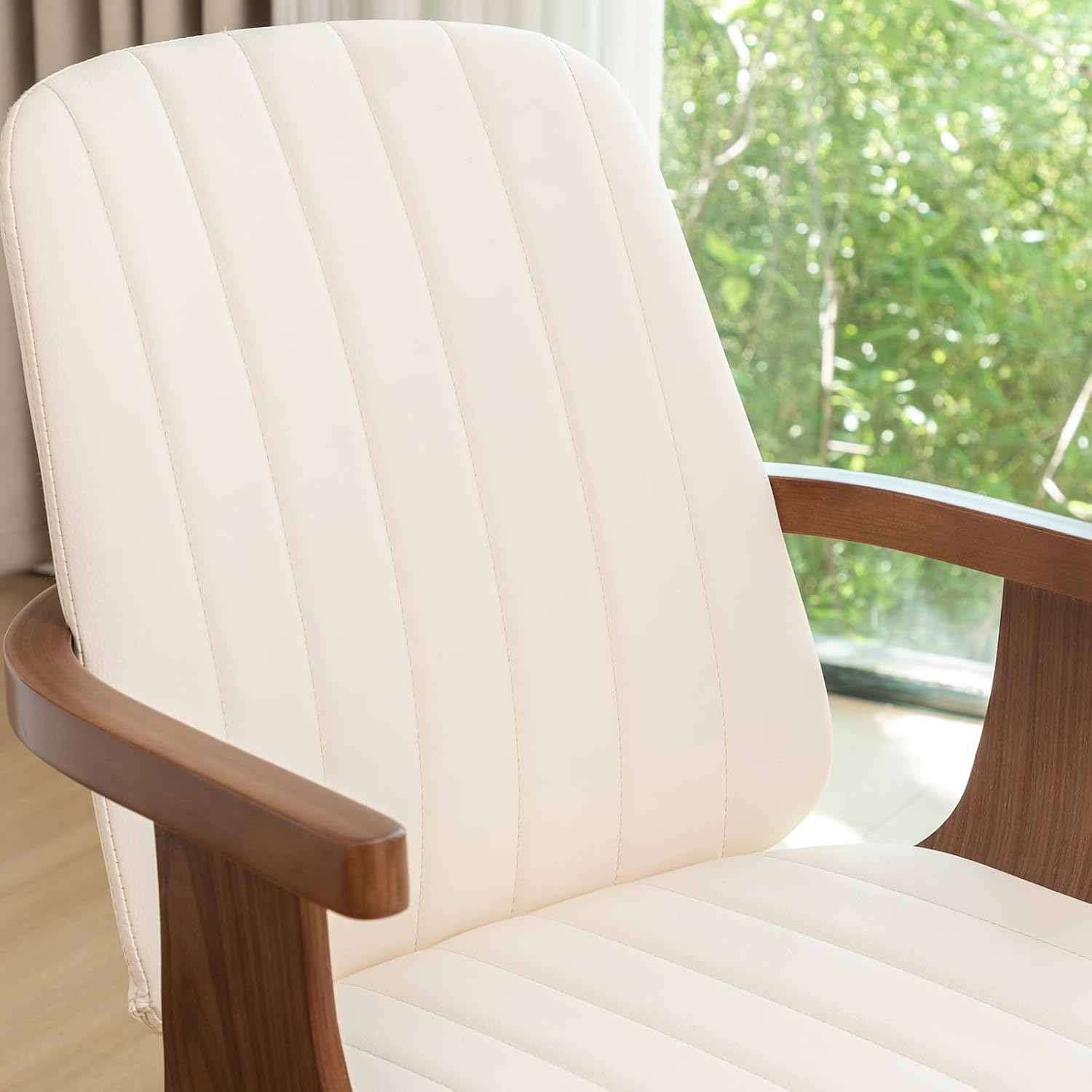 Mid Century Modern Dining Chairs, Swivel Dining Chairs with Arms Walnut | Natural Bentwood Frame, Faux Leather Upholstered Seat , Wooden Arms and Legs, Leather Swivel Chairs for Kitchen, Dining Room