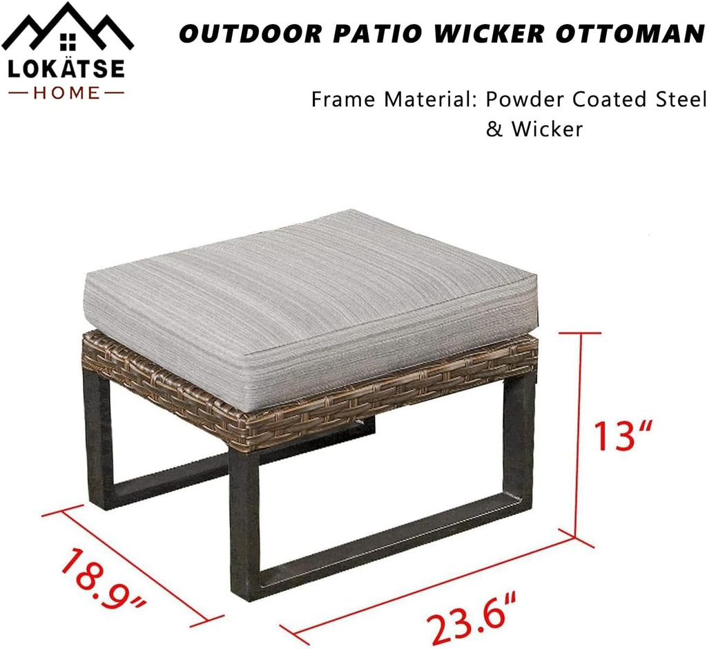 LOKATSE HOME Patio Ottoman Wicker Outdoor Footstool Rest Small Seat Rattan Furniture Cushioned Coffee Table Steel U-Shape Legs for Garden Yard Lawn Deck Poolside