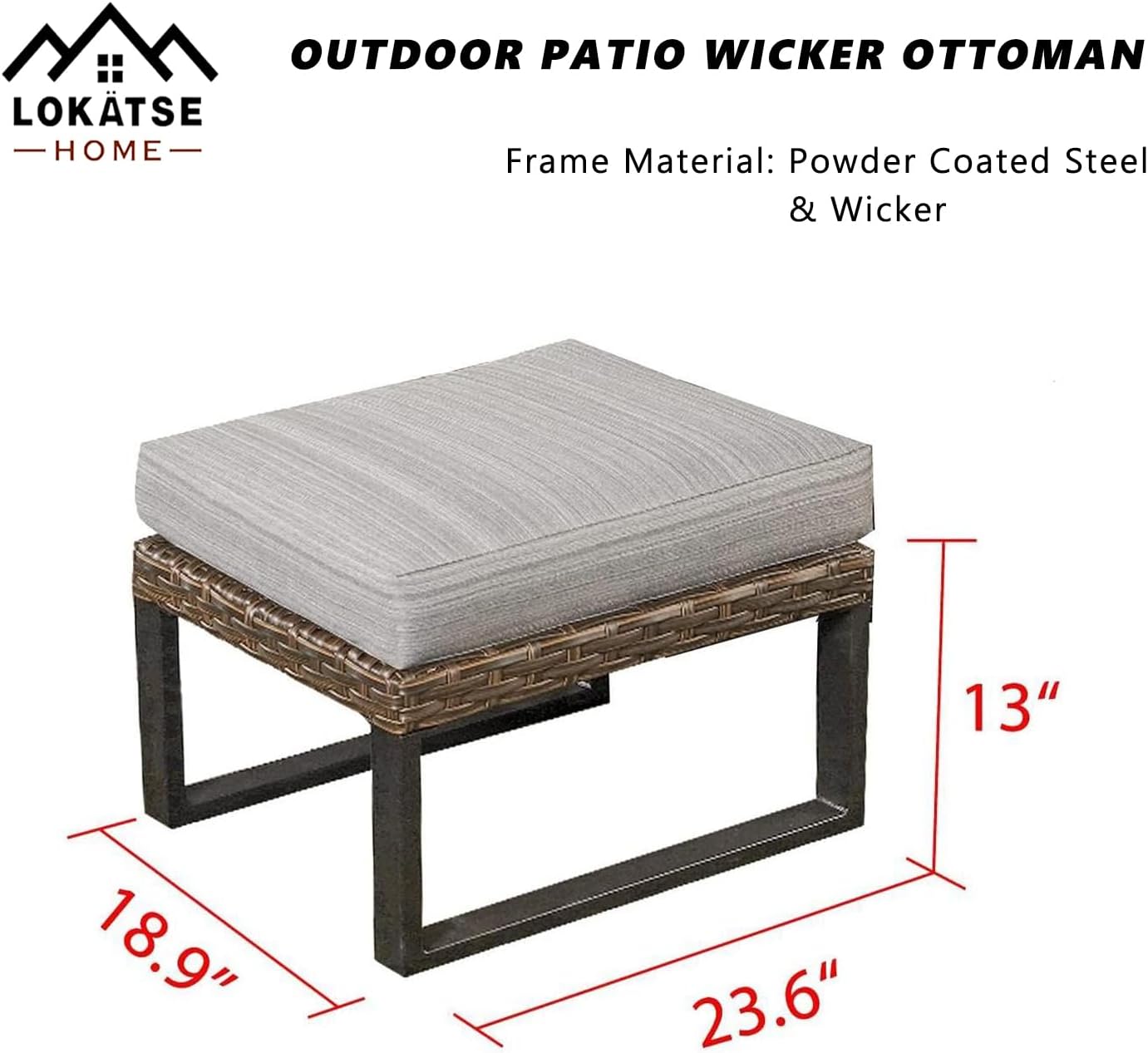 LOKATSE HOME Patio Ottoman Wicker Outdoor Footstool Rest Small Seat Rattan Furniture Cushioned Coffee Table Steel U-Shape Legs for Garden Yard Lawn Deck Poolside