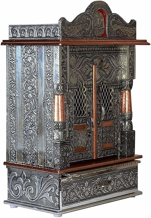 Oxidized Metal Pooja Mandir with Doors and Drawer, Silver, Ganesha Embossed, Traditional Hindu Temple