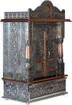 Oxidized Metal Pooja Mandir with Doors and Drawer, Silver, Ganesha Embossed, Traditional Hindu Temple