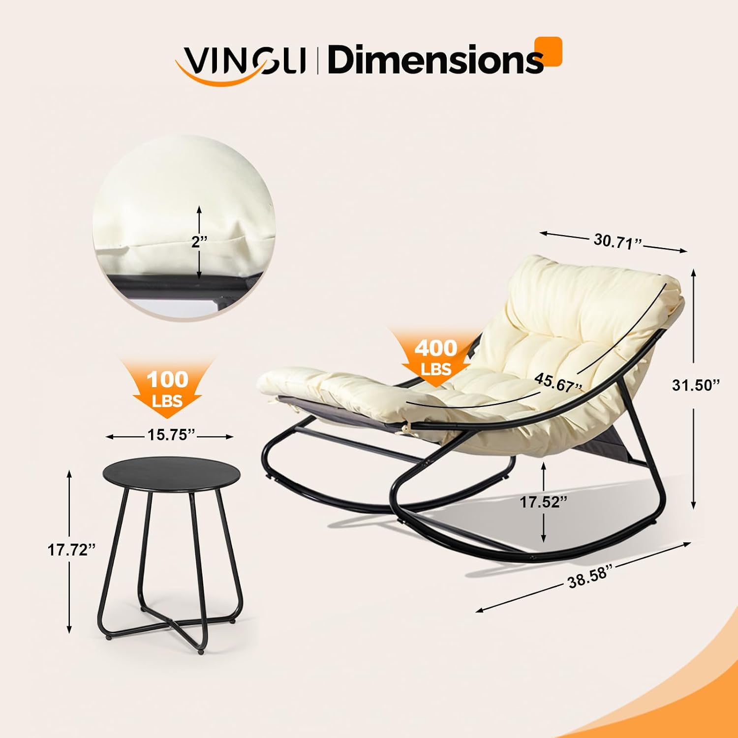VINGLI Rocking Patio Chairs Set of 2 with Side Table, Heavy Duty 400 LBS Capacity, Padded Outdoor Indoor Rockers, White