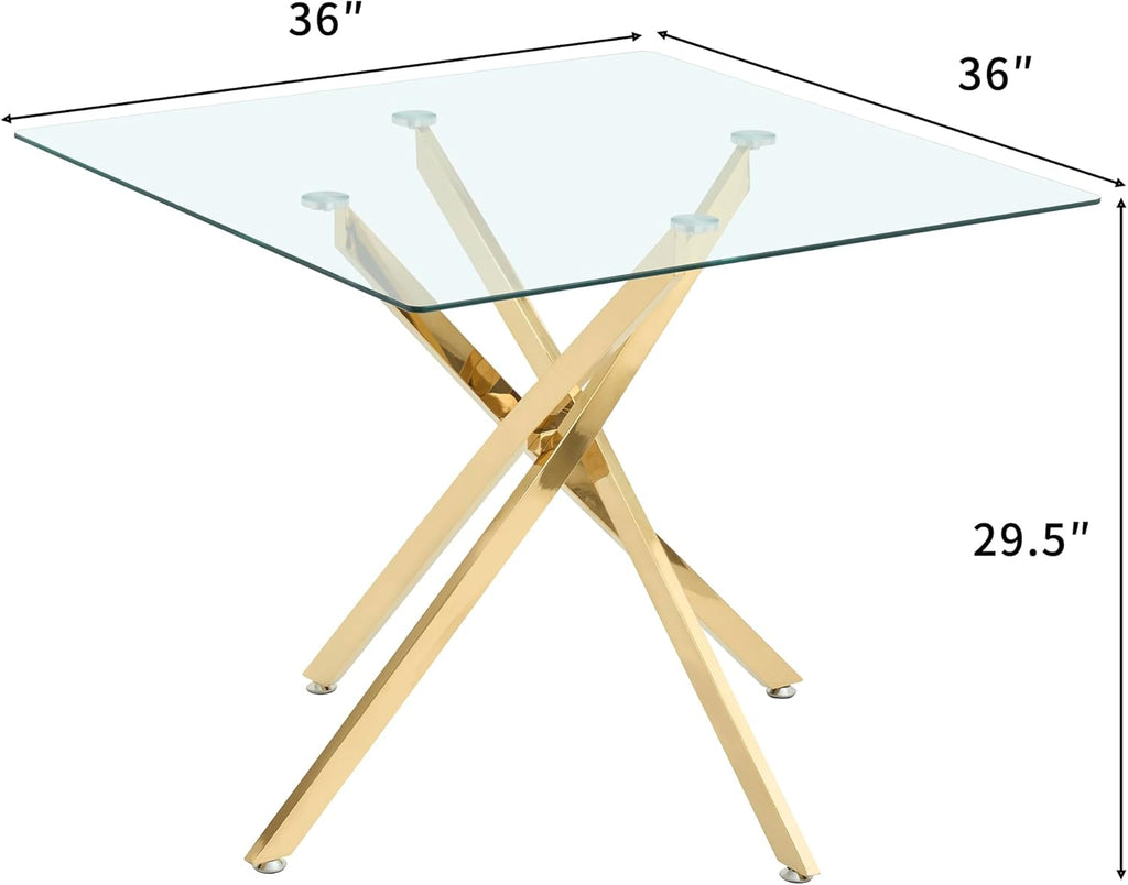 Henf 36'' Tempered Glass Dining Table for 2-4 People, Square Kitchen Table with Gold X-Base Metal Legs, Adjustable Feet, Glass Desk for Small Space, Gold Square Dining Room Table for 4