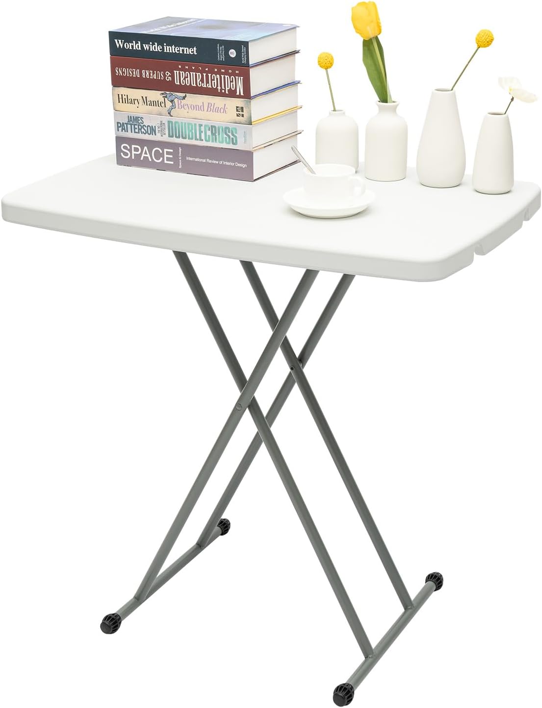 Adjustable Folding Laptop Table TV Tray, Multi-Functional Sturdy Durable Personal Table, No-Assembly Portable, for Home Office Writing, Picnic, Party, White