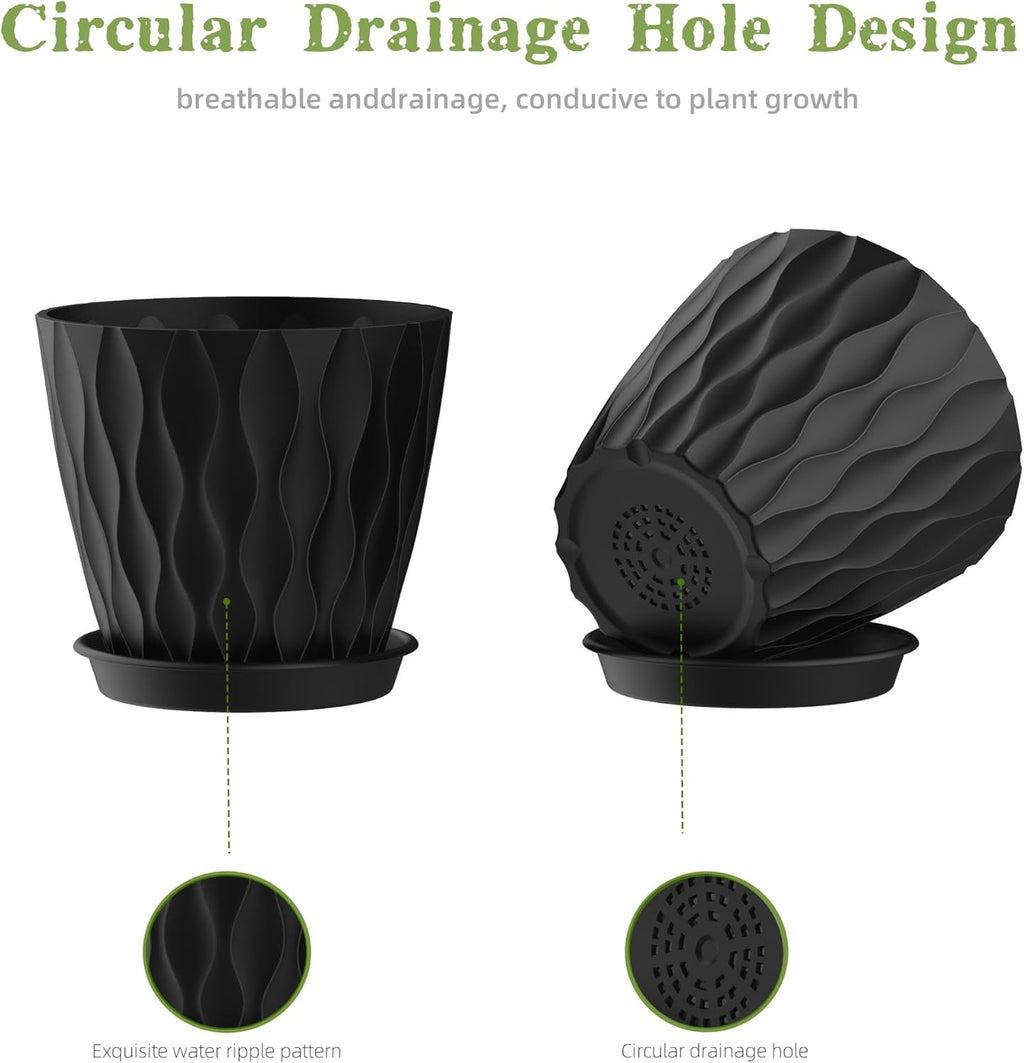 6 Inch Plant Pots, 6 Pack Indoor Flower Pots, Planters with Drainage Holes and Trays for Orchids, Violets, Succulents, Herbs, and Other Plants, Black