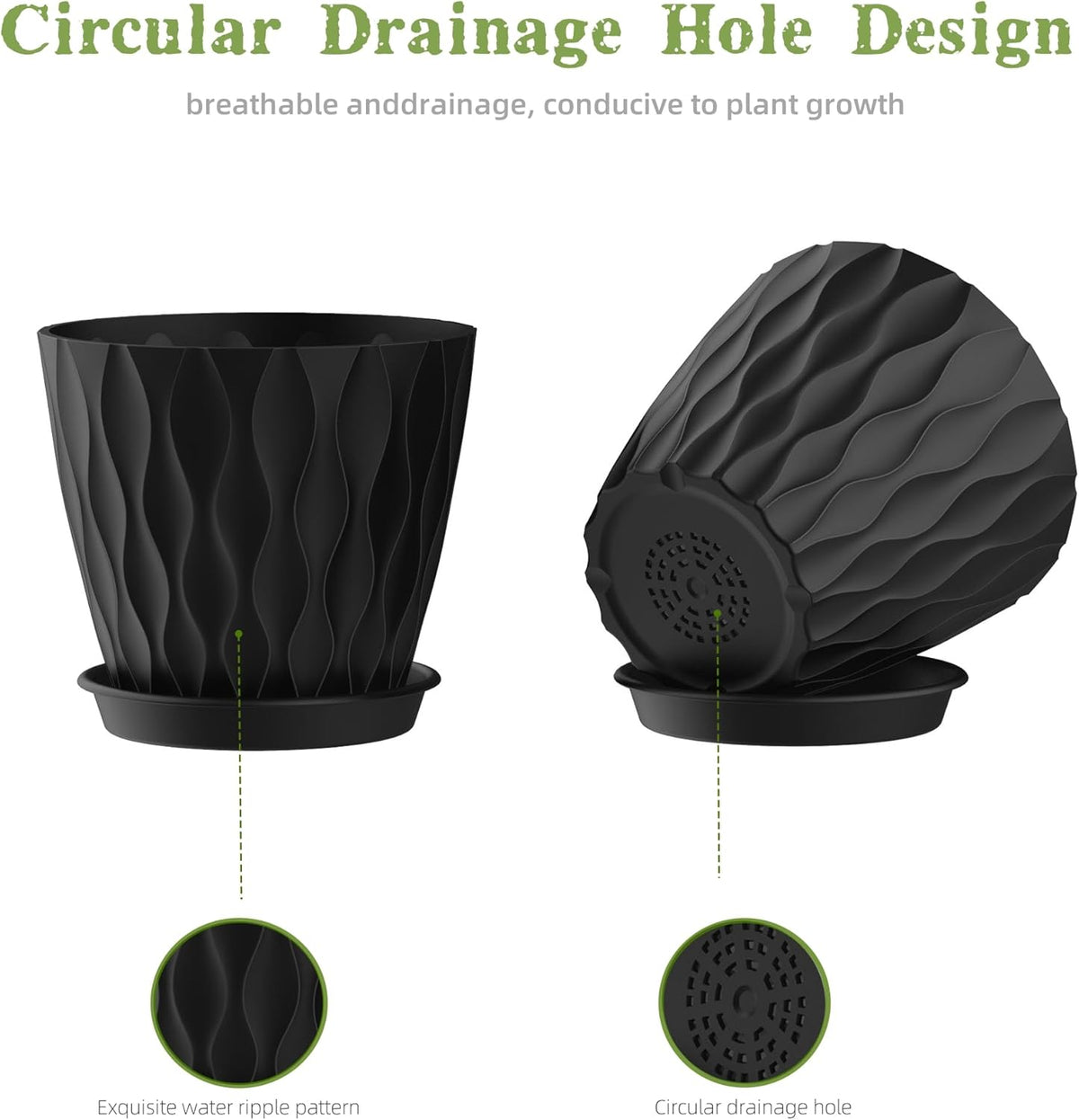 6 Inch Plant Pots, 6 Pack Indoor Flower Pots, Planters with Drainage Holes and Trays for Orchids, Violets, Succulents, Herbs, and Other Plants, Black
