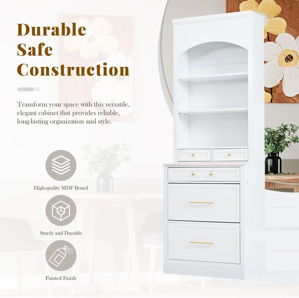 JIJIWANG Modern 83.7inch High Kitchen Pantry, Freestanding Tall Kitchen Hutch with Faux Marble Top, Display Cupboard Cabinet with 5 Storage Drawers and Adjustable Shelf, White