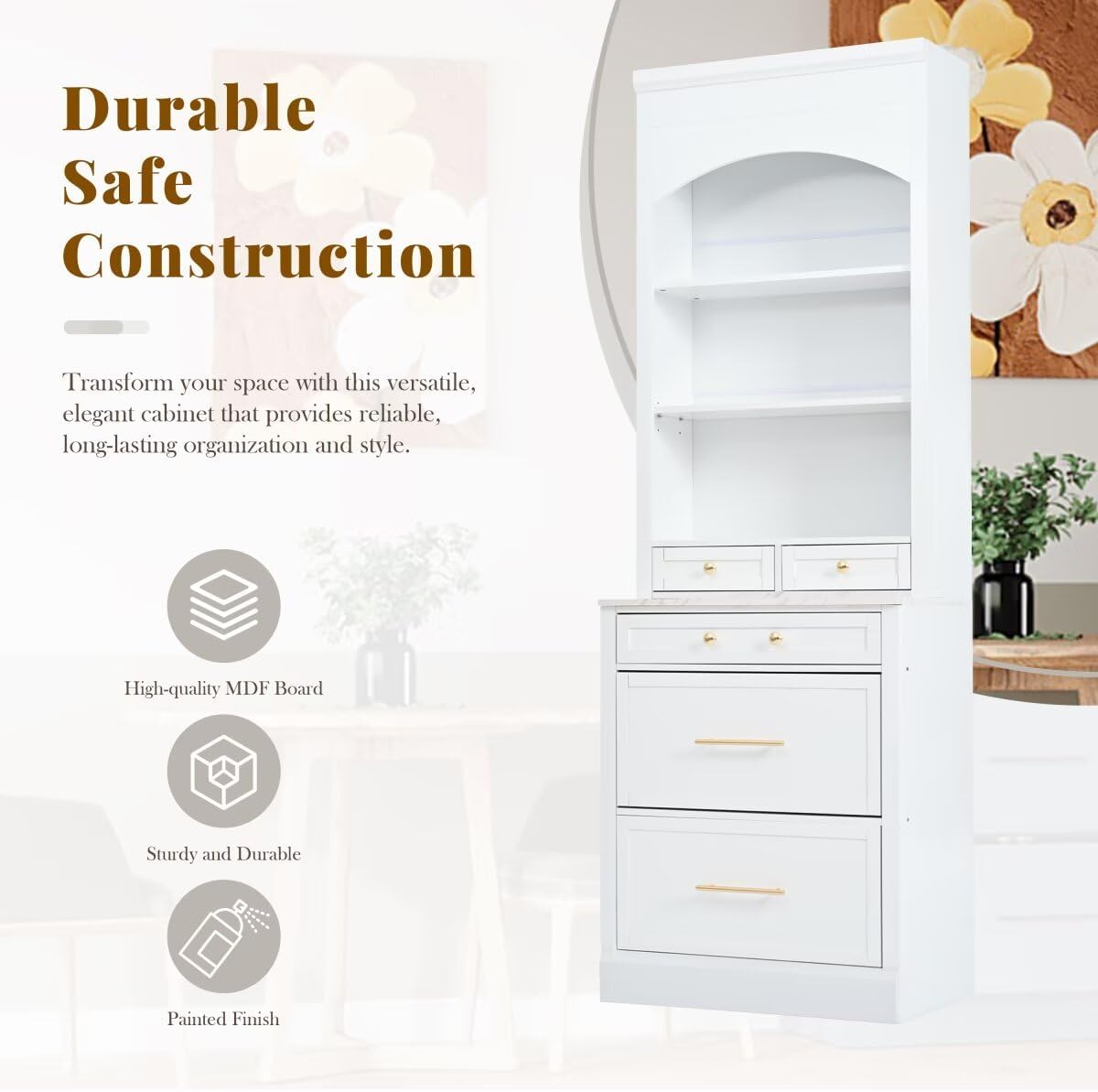 JIJIWANG Modern 83.7inch High Kitchen Pantry, Freestanding Tall Kitchen Hutch with Faux Marble Top, Display Cupboard Cabinet with 5 Storage Drawers and Adjustable Shelf, White