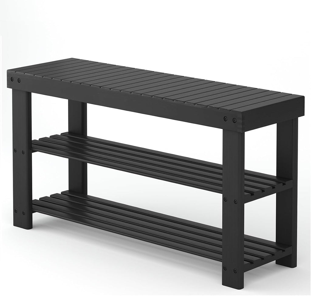 DUMOS Wooden Shoe Rack Bench with Storage, 3-Tier Bamboo Entryway Benches, Shoe Rack Holds Up to 286 lb Storage Organizer, 11.3 x 35.43 x 17.8 Inches, Suitable for Bedroom Living Room Balcony, Black