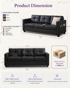 TYBOATLE 88'' Black Faux Leather Couch with USB, 3-Seater | Faux Leather Sofa for Living Room, Mid-Century Modern, Tufted Design, Wider Arms, Side Pockets, Office, Apartment, Bedroom