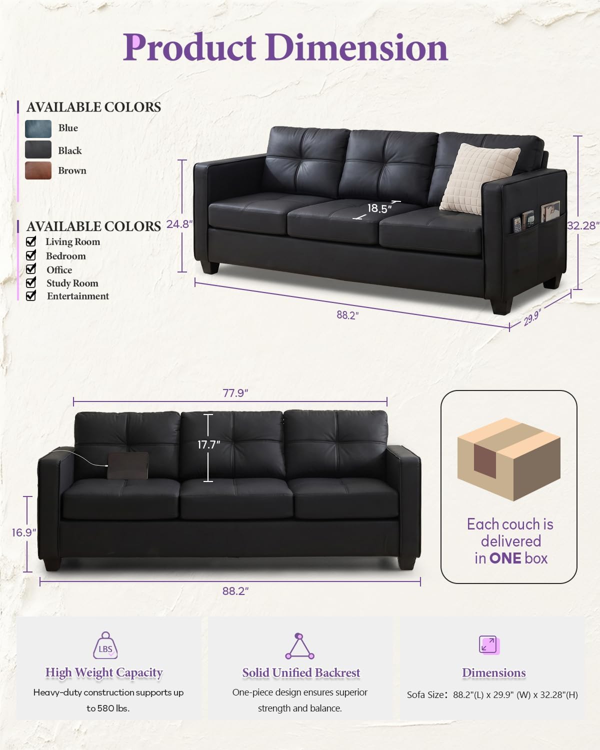 TYBOATLE 88'' Black Faux Leather Couch with USB, 3-Seater | Faux Leather Sofa for Living Room, Mid-Century Modern, Tufted Design, Wider Arms, Side Pockets, Office, Apartment, Bedroom