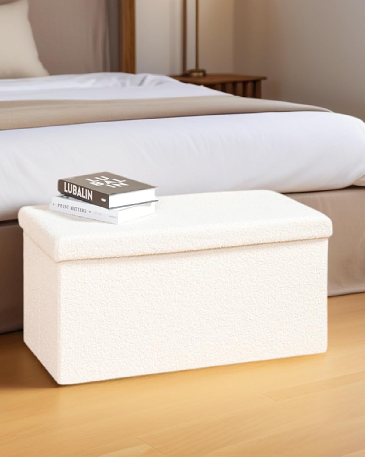 30 Inch Storage Ottoman Bench, Boucle Folding Ottoman Footstool, Rectangular Sherpa Footrest Storage Bench for Bedroom, Living Room, Entryway, Dorm, White