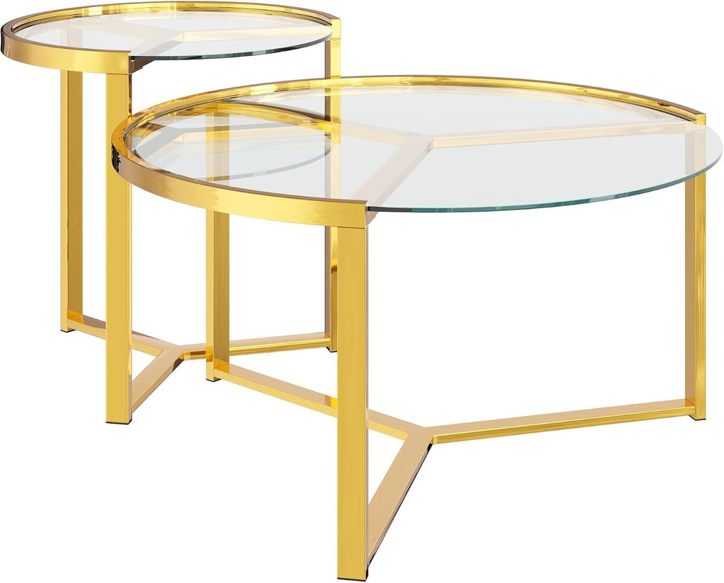 Glass Nesting Coffee Table Set with Metal Frame & Glam Design, Transparent | Modern Round Cocktail Center Table with Tempered Glass, Luxury for Living Room & Home Decor
