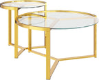 Glass Nesting Coffee Table Set with Metal Frame & Glam Design, Transparent | Modern Round Cocktail Center Table with Tempered Glass, Luxury for Living Room & Home Decor