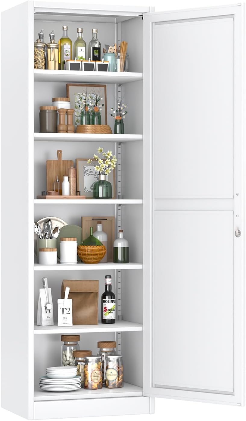 Metal Narrow Pantry Cabinet with Doors and Shleves, 67" H Tall Locker Cabinet, Kitchen Pantry Storage Cabinets for Kitchen, Living Room, Bathroom (1Door-Lock, White)