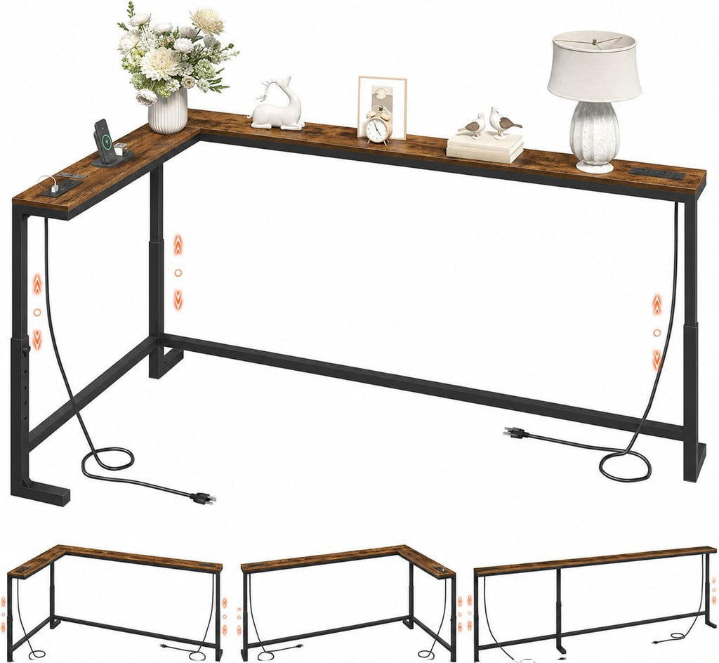 MAHANCRIS 102.3" Console Table with Adjustable Height(24.3"-32.7"), 5.9" Sofa Table Narrow Long with Outlet, L-Shaped Behind Couch Table, Skinny Console Table, Small Space, Rustic Brown CTHR826E01
