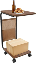 Rolling Side Table, C Shaped Side Table Wooden Couch Side Table with Wheels&Mobile Storage Basket Modern Couch Tables That Slide Under for Living Room Bedroom (Black Stand + Brown Desktop)