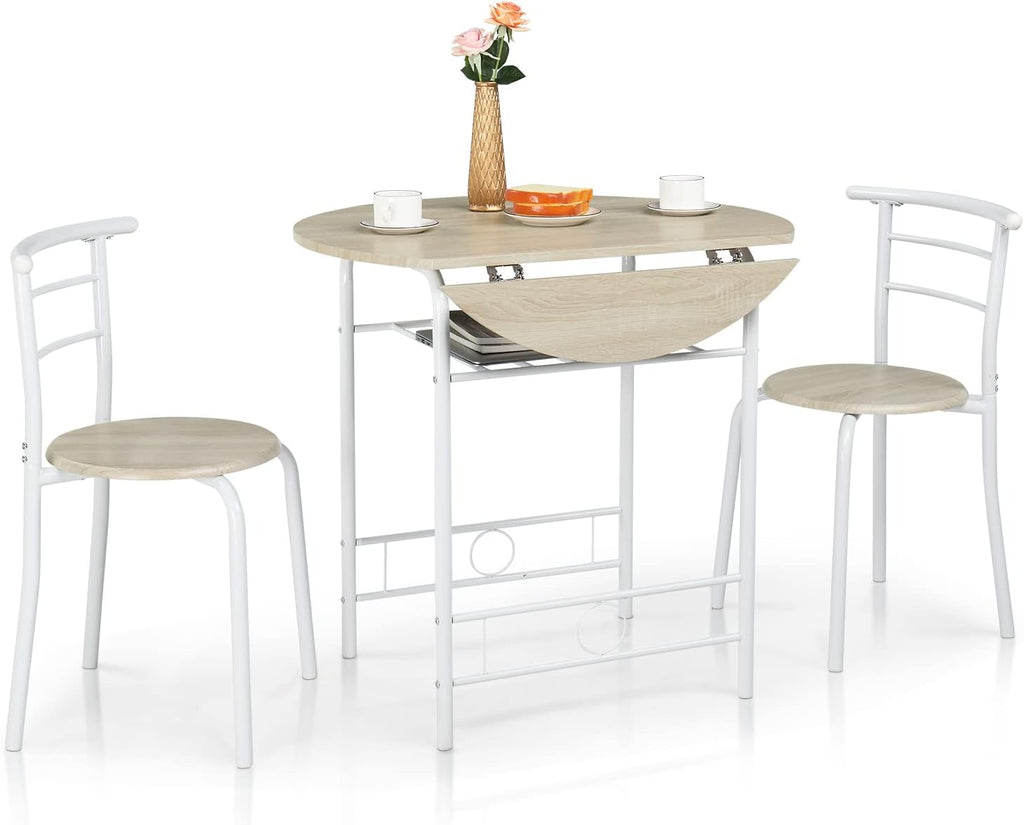 VINGLI 31.5" Drop Leaf Dining Table Set for 2, 3 Pieces Dining Table with Chair for Small Space, Small Kitchen Extendable Folding Dining Table for Dining Room，Home, Apartment, Saving Places, White Oak
