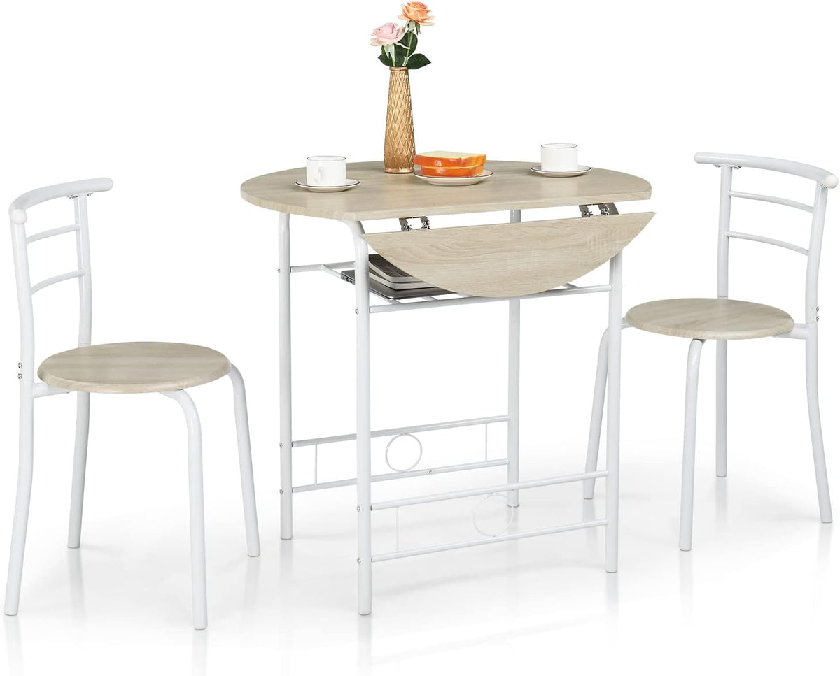 VINGLI 31.5" Drop Leaf Dining Table Set for 2, 3 Pieces Dining Table with Chair for Small Space, Small Kitchen Extendable Folding Dining Table for Dining Room，Home, Apartment, Saving Places, White Oak