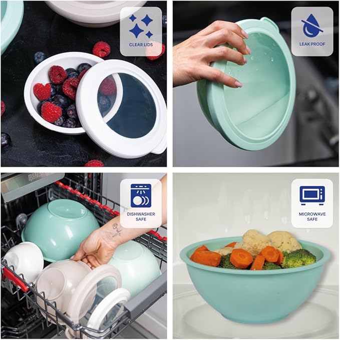 WHYSKO Mixing Bowl Set, 12 Piece Colorful Plastic Mixing Bowls with Lids Set for Food Prep Storage and Serving, Microwave and Dishwasher Safe for Kitchen Baking Cooking