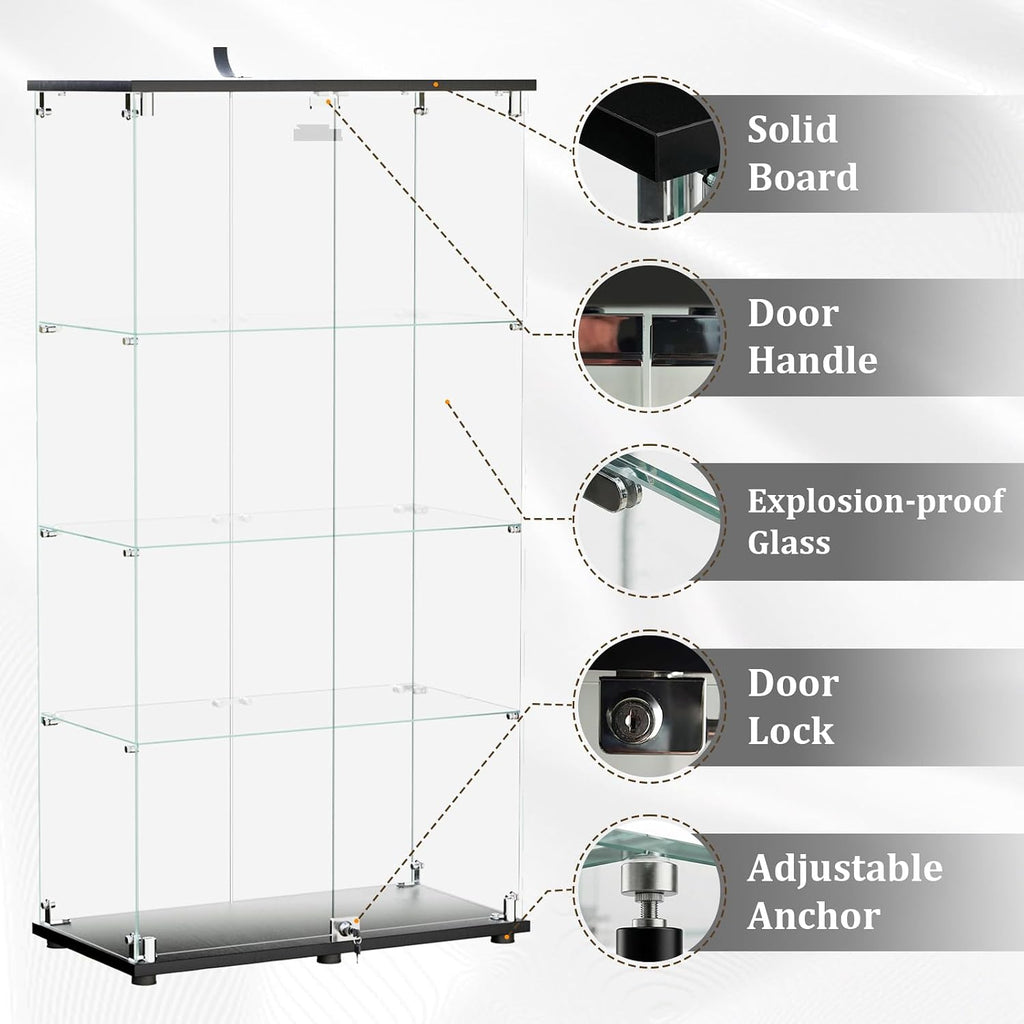 BEAUTYPEAK Tempered Glass Display Cabinet, Double Door, Black