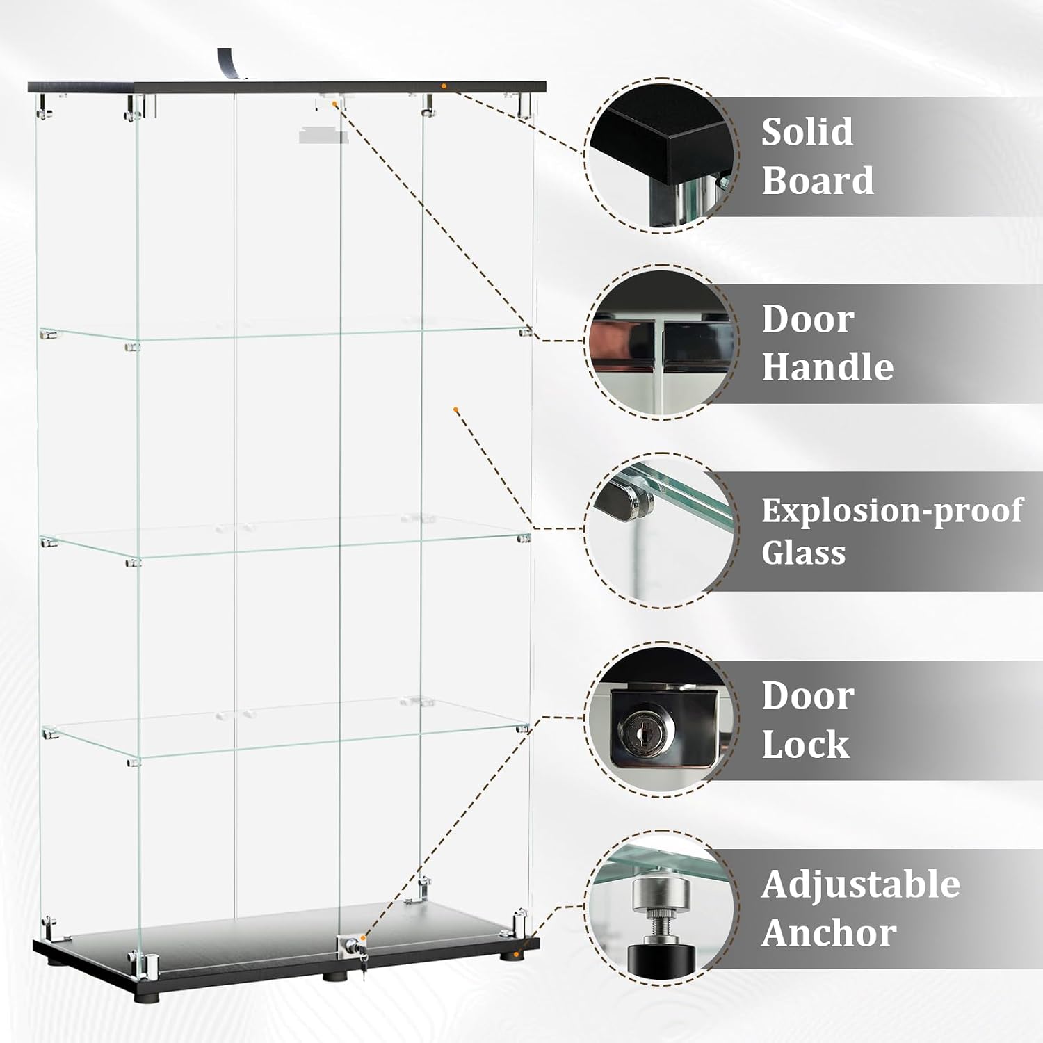 BEAUTYPEAK Tempered Glass Display Cabinet, Double Door, Black