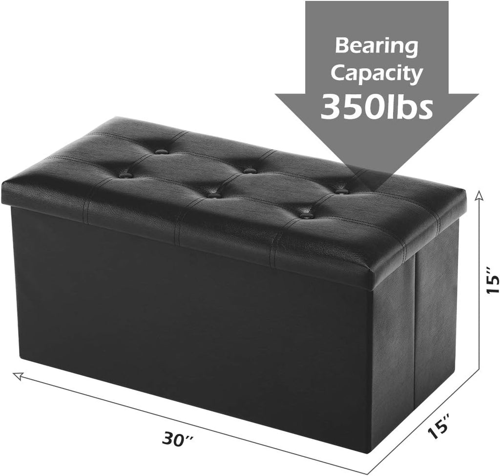 Youdesure 30" Ottoman with Storage, Folding Faux Leather Bench, Black | Foldable ottoman with hidden storage, padded seat and sturdy MDF frame for everyday use.