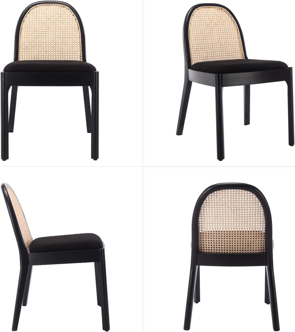 HEAH-YO Rattan Dining Chairs Set of 2, Upholstered Sherpa Dining Room Chairs with Backrests, Modern Kitchen Chairs with Wood Legs for Dining Room, Black