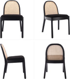 HEAH-YO Rattan Dining Chairs Set of 2, Upholstered Sherpa Dining Room Chairs with Backrests, Modern Kitchen Chairs with Wood Legs for Dining Room, Black
