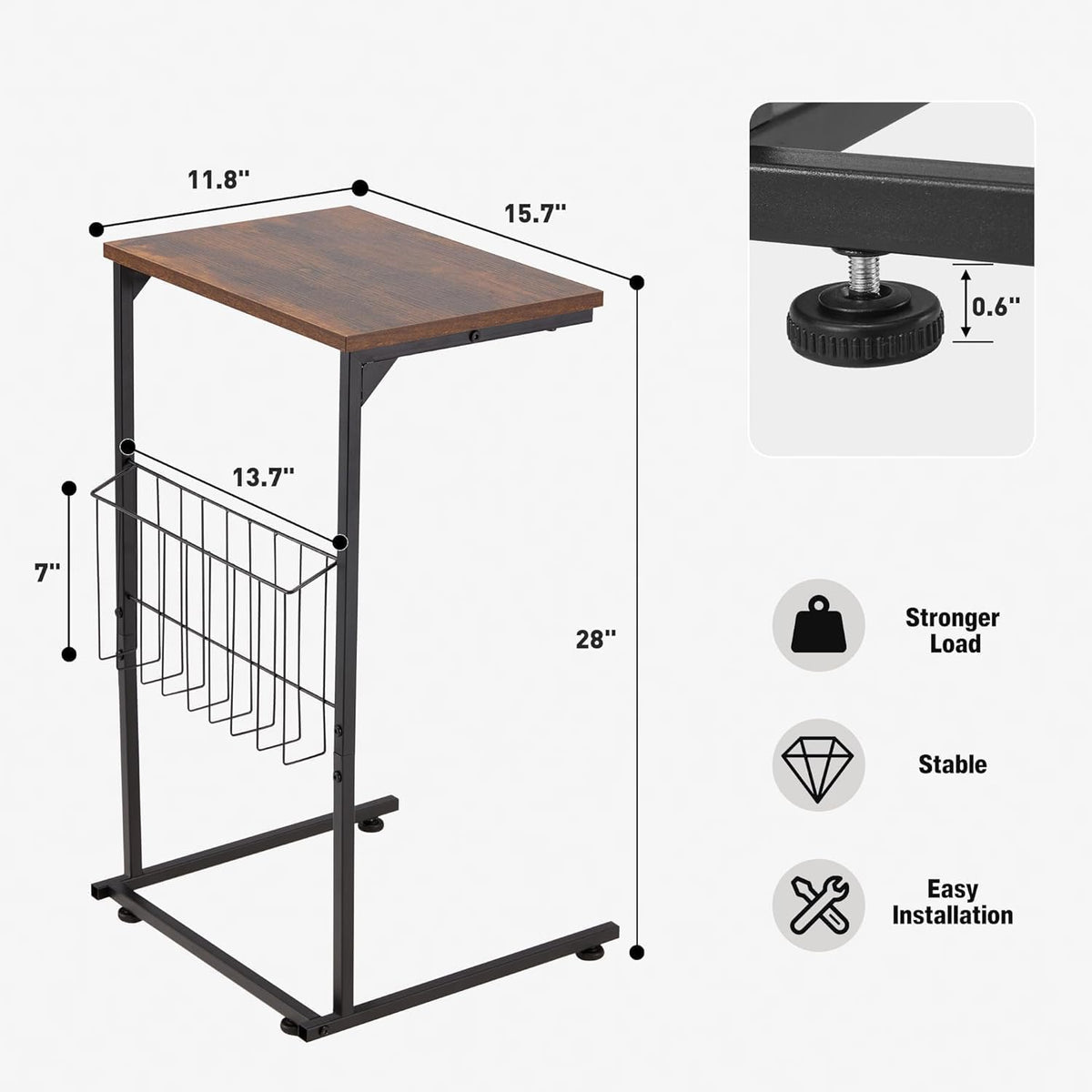 HOMREST End Table, Small Narrow Sofa Table for Couch and Recliner,C Shaped Side Table with Metal Storage Frame,Stable Coffee Tables for Living Room, Bedroom, Bedside,Wooden Desktop (Rustic Brown)