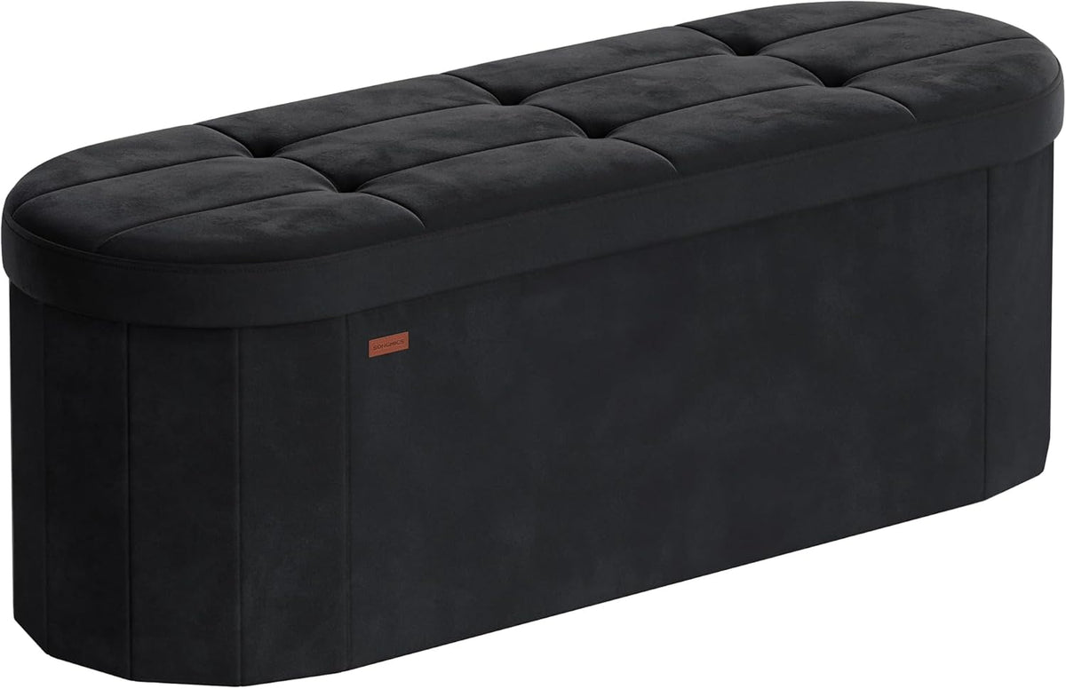 SONGMICS Mazie Collection - Folding Ottoman with Storage, Oval Storage Ottoman Bench, for Living Room, Bedroom, Velvet Fabric, 15 x 43 x 15 Inches, Ink Black ULSF297BH01