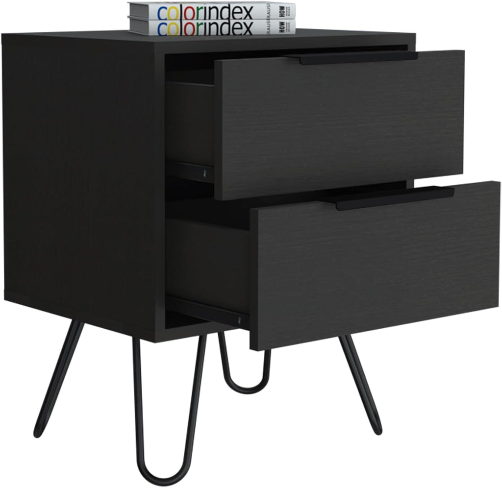 2 Nightstand, Hairpin Legs, Two Drawers, Black,for Small Spaces
