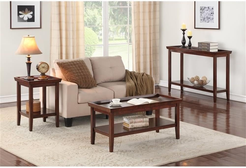 Pemberly Row Modern End Table, Espresso Wood Finish, 26" H x 18" W x 18" D, Solid Rubberwood Construction, Raised Tray Top with Bottom Shelf, Tapered Legs, Indoor Living Room Furniture
