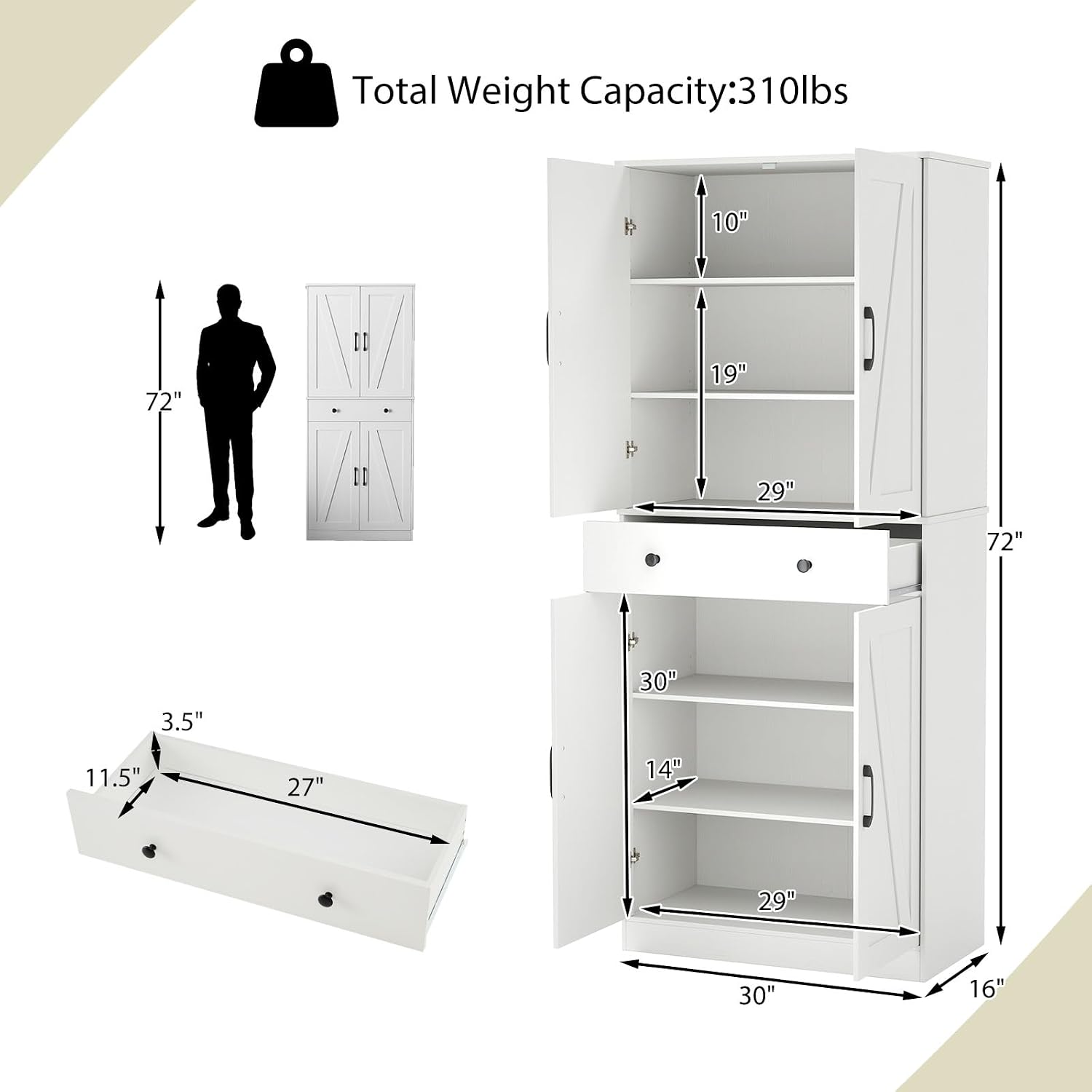 GOFLAME 72” Tall Pantry, Modern Farmhouse Cupboard Cabinet with 4 Barn Doors, Storage Drawer & 3 Adjustable Shelves, Versatile Storage with Anti-TIPP Kits for Living Room, Dining Room, White