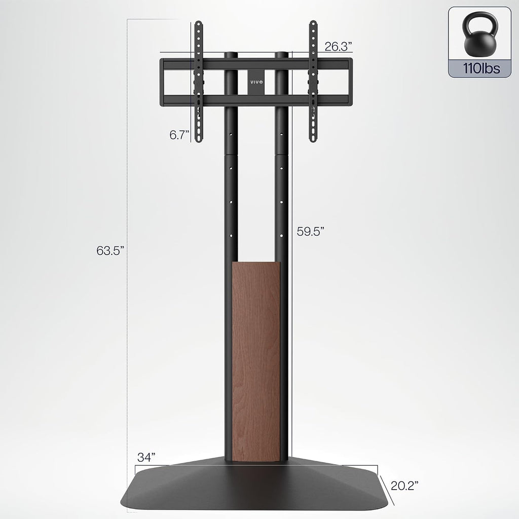 VIVO Dual-Column TV Floor Stand for 32” to 85” Screens with Heavy Duty Base, Tilting Mount with 5 Set Height Adjustments, Black and Dark Walnut, STAND-TV85JS