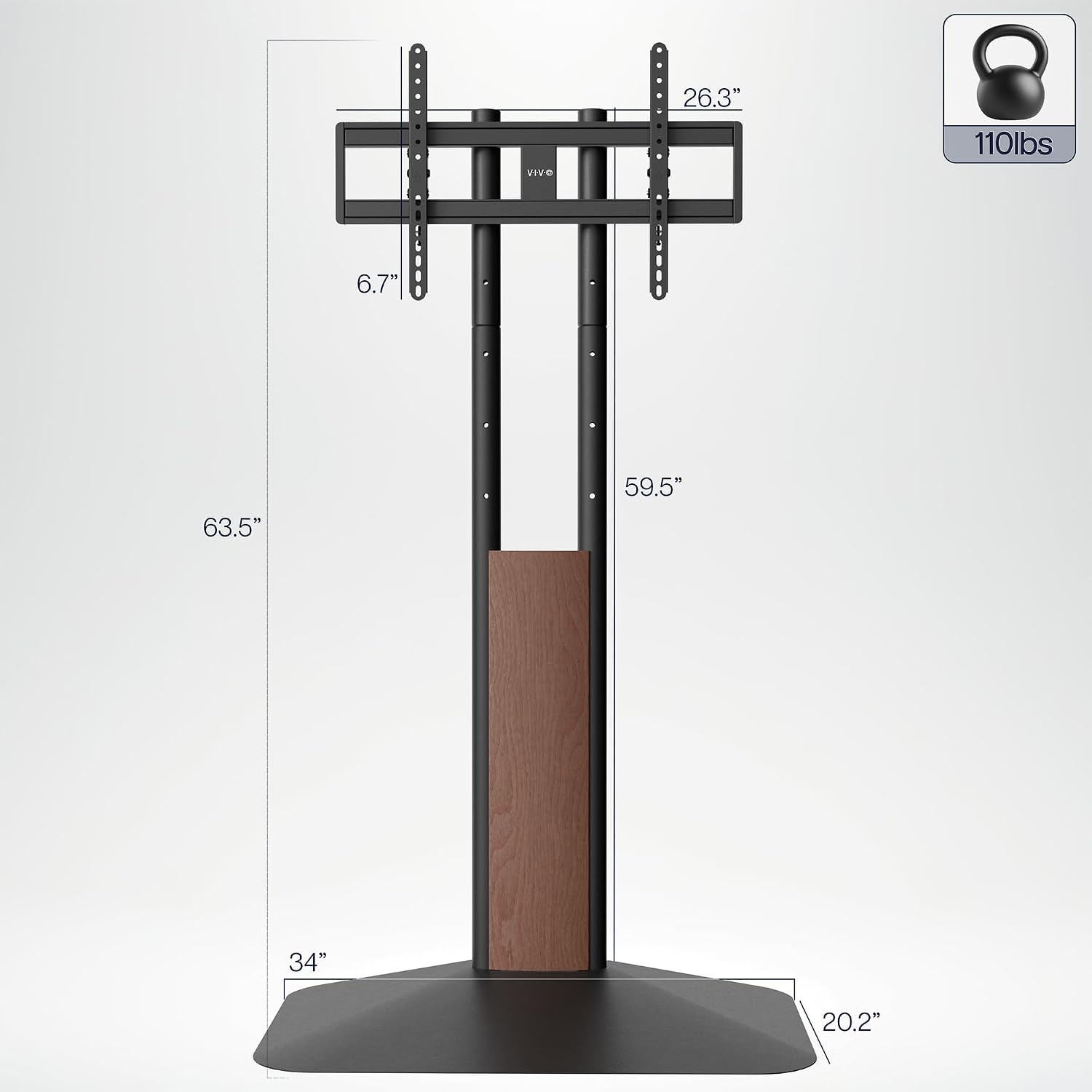 VIVO Dual-Column TV Floor Stand for 32” to 85” Screens with Heavy Duty Base, Tilting Mount with 5 Set Height Adjustments, Black and Dark Walnut, STAND-TV85JS