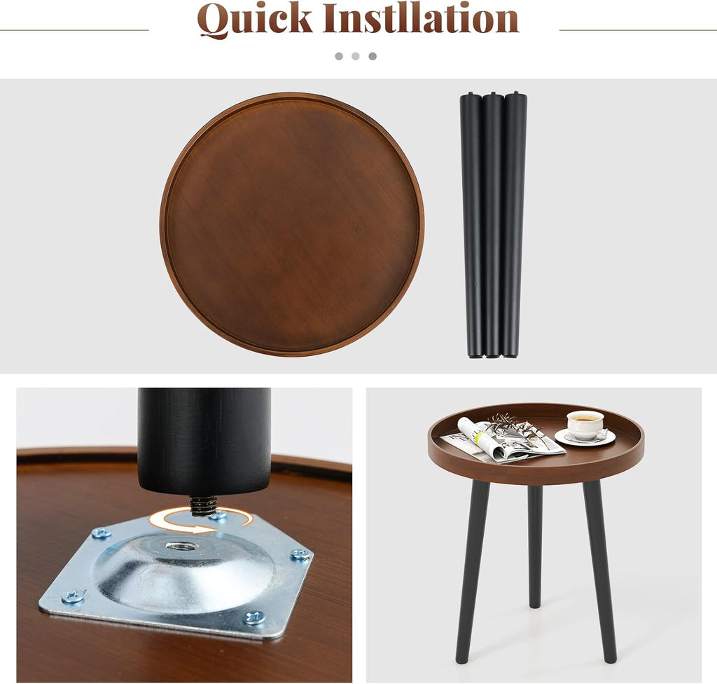 Giantex Round End Table, Mid Century Modern Side Table with Wooden Tray & Bamboo Legs, Sofa Couch Accent Table, Small Coffee Table for Small Space Living Room, Nightstand for Bedroom, Walnut