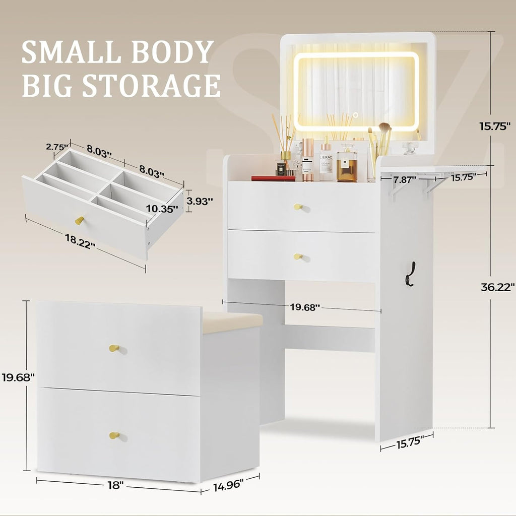 COMHOMA Makeup Vanity Desk with Mirror and Lights, Small 3 in 1 Vanity Table with Visible Glass Top, Flip Top & 3 Drawers, Compact Dressing with Storage Stool for Room or Office